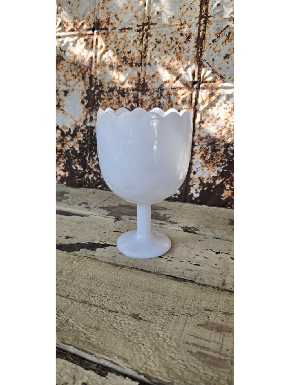 Vintage Milk Glass Goblet with scalloped Rim and diamond pattern